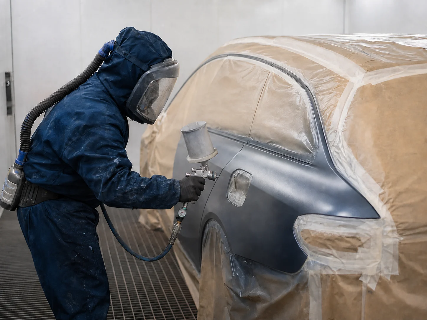 Vehicle refinisher applying paint in a spray booth