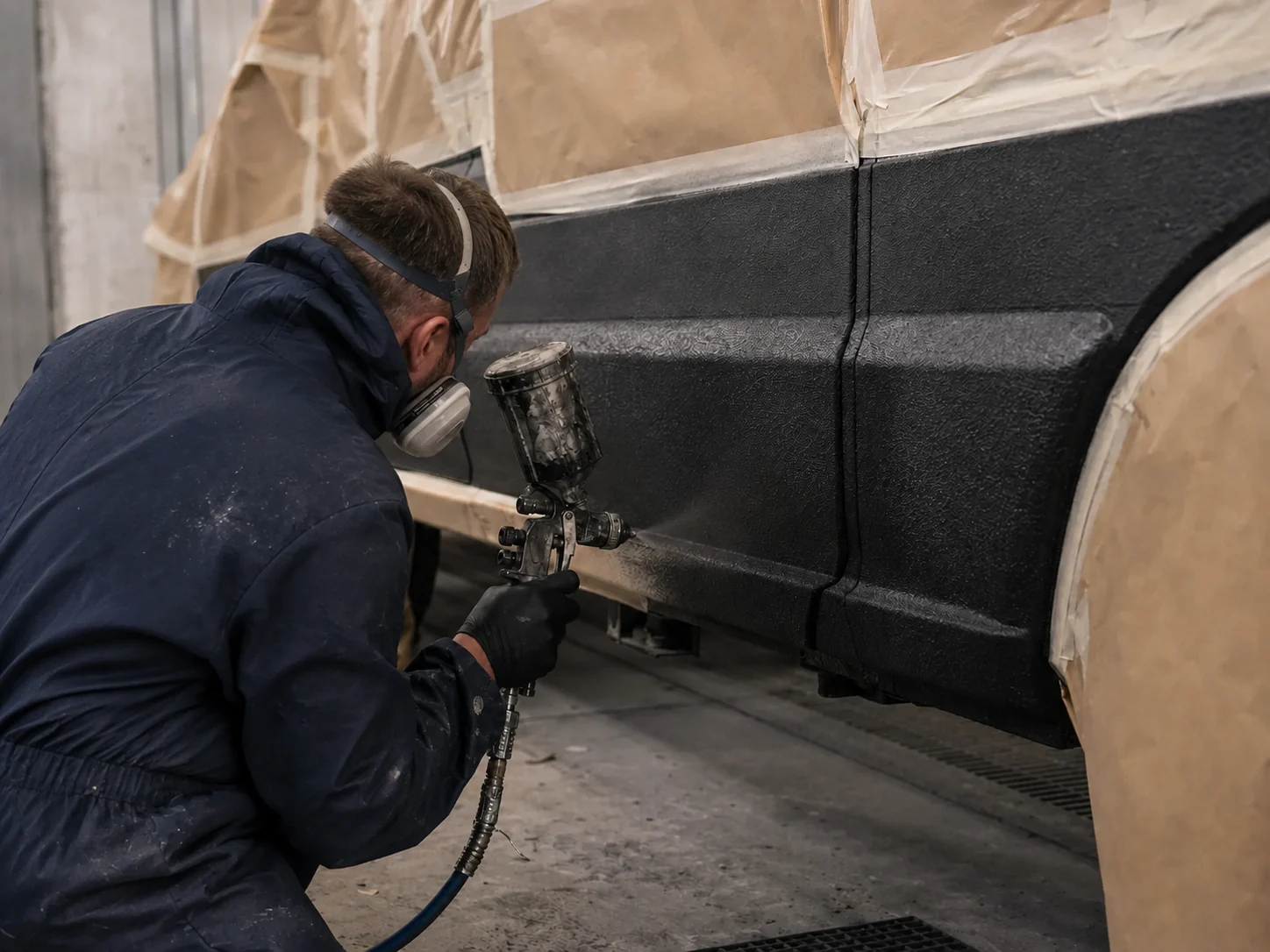 Textured protective coating being applied to a utility vehicle
