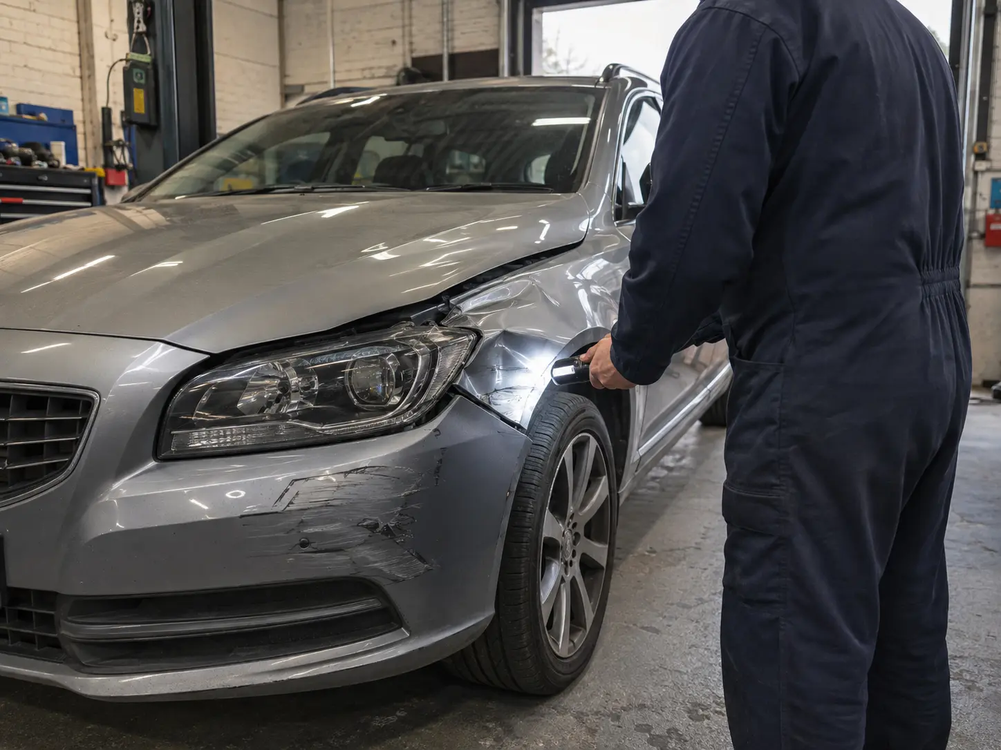 Accident-damaged vehicle being assessed in a workshop