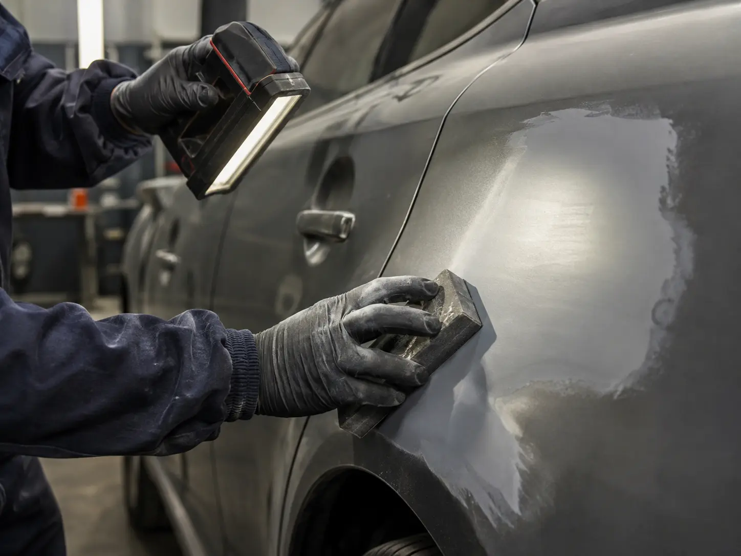 Vehicle bodywork being carefully prepared for refinishing